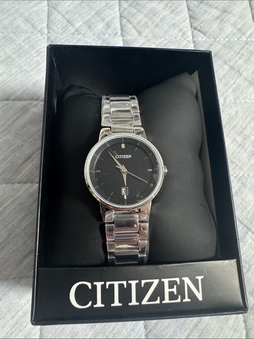 Citizen Men's Silver Watch with Black Dial and Stainless Bracelet